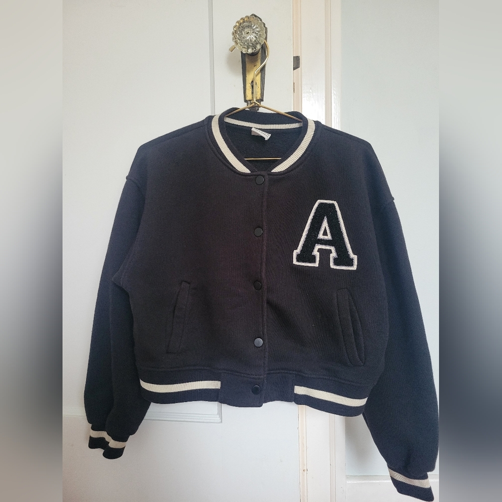 Zara Girl's Inky Black And White Varsity Jacket Size 11-12